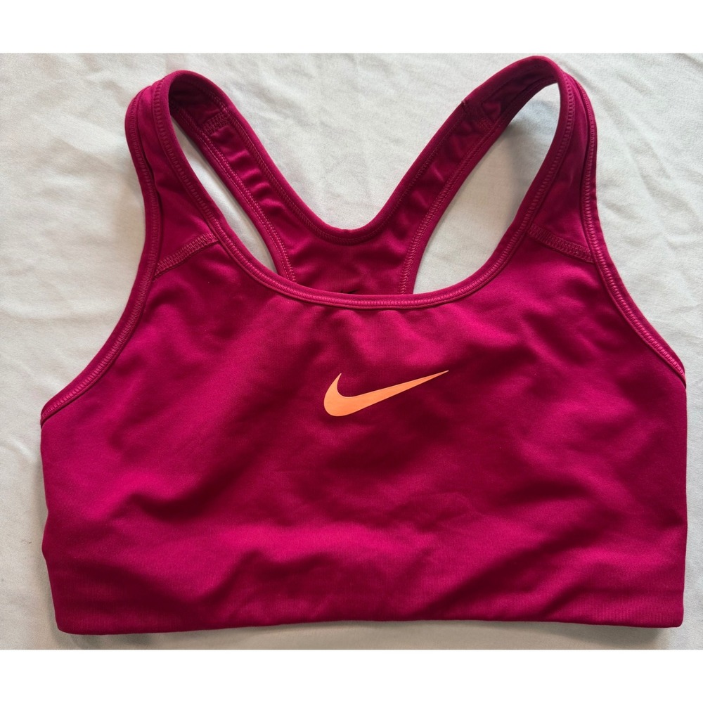 Nike Dri-FIT Racerback Sports Bra Magenta Pink Orange Swoosh Size S 375833-607